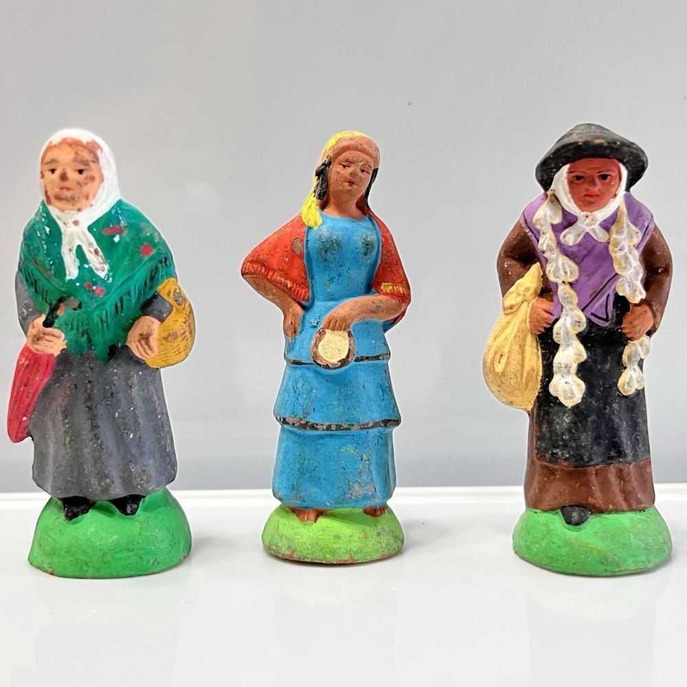 Vintage Set of 3 Santon French Hand Painted Figures Women Villagers Market Gypsy
